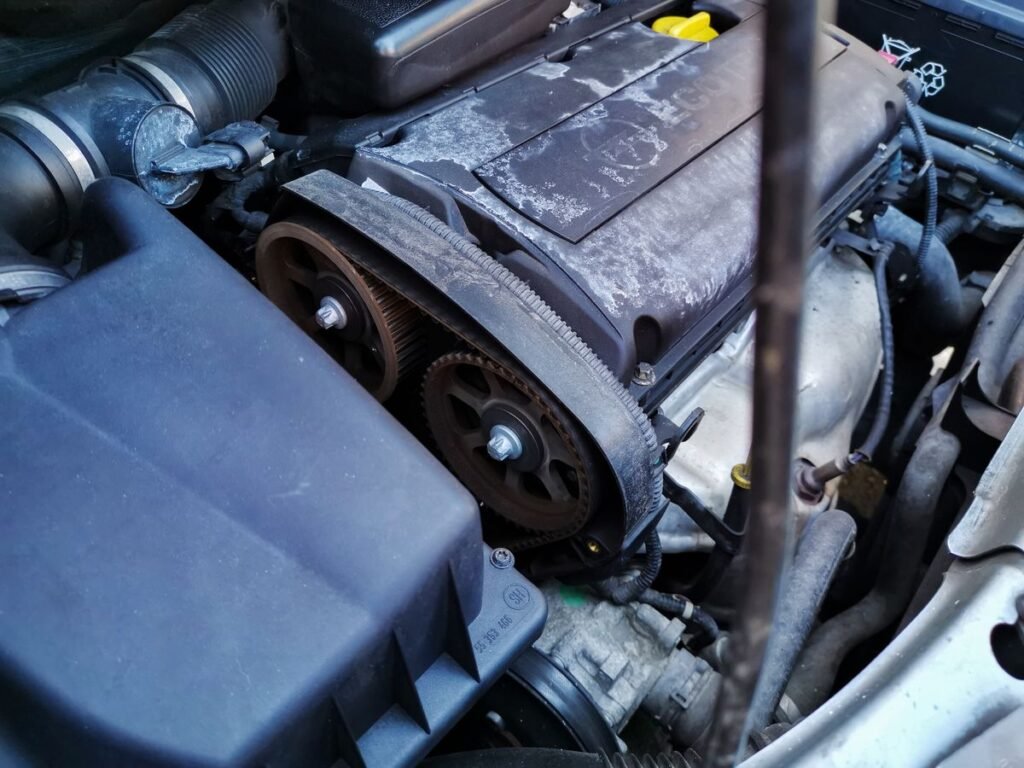 Close up of a car engine bay showing the drive belts and components under the hood