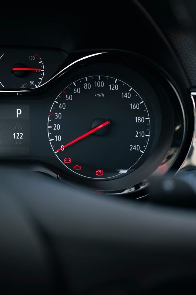 Close up of a glowing indicator light on a car dashboard instrument panel