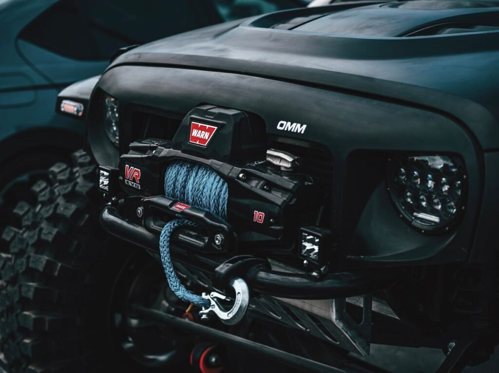 Front view of a rugged off road Jeep with a front mounted winch