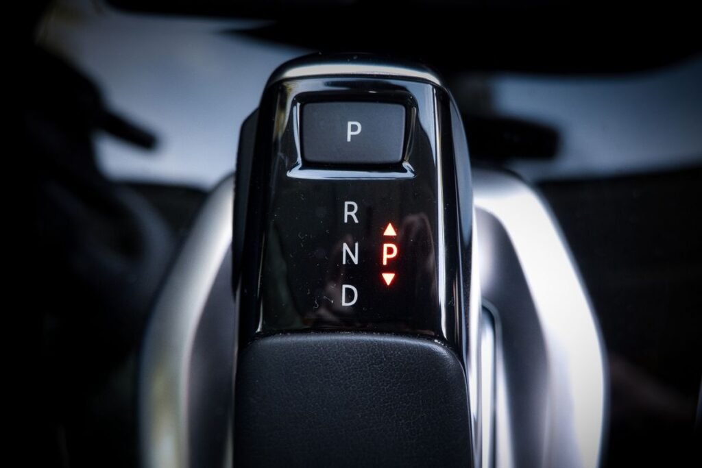Close up of a modern automatic gear shifter showing P R N D settings