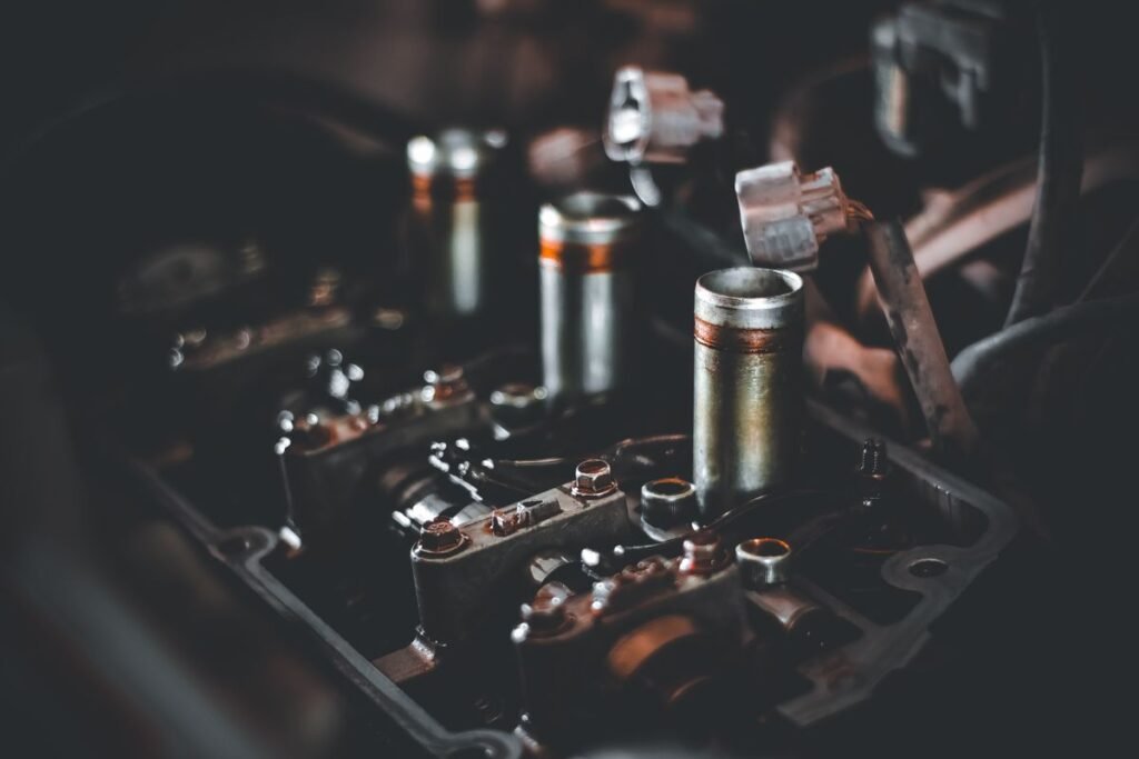 Detailed view of engine parts with camshaft and cylinder head